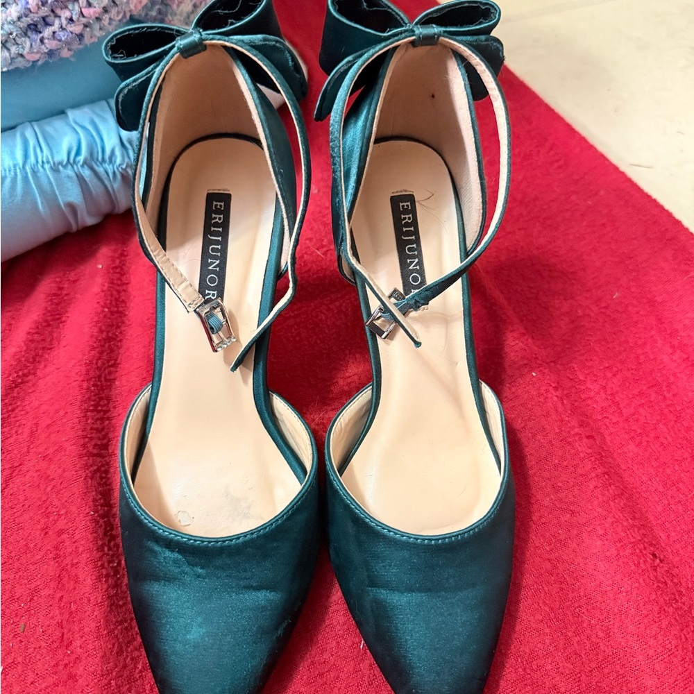 Chic Teal Satin Heels with Bow by Erlivone